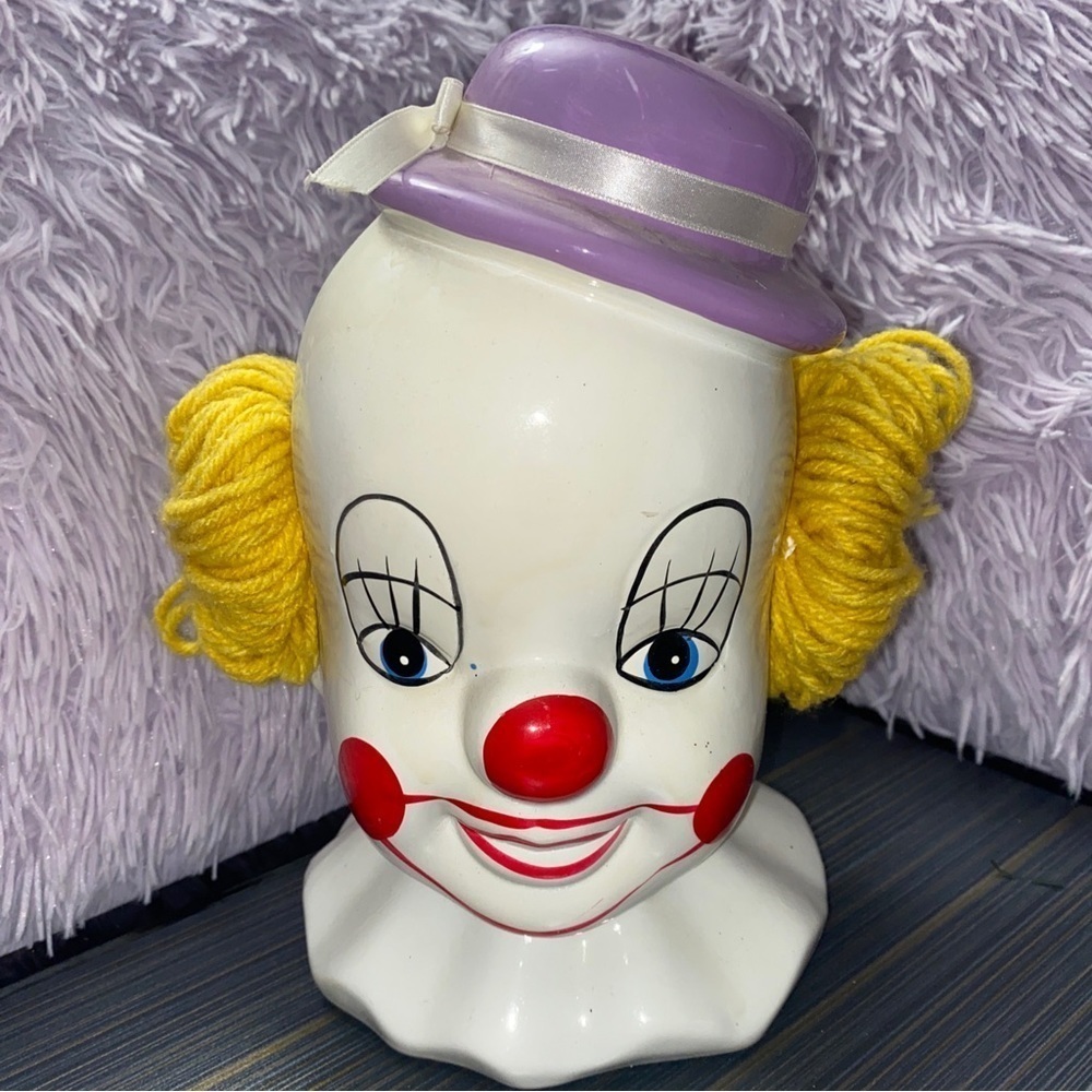 Vintage Clown, Head, Purple Hat, Coin Bank, Bank, White, 9",